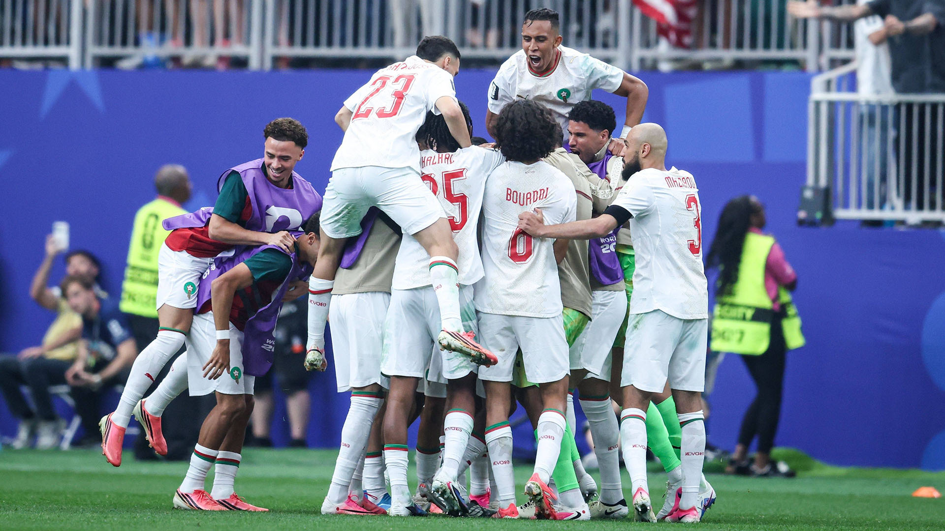 Azzedine Ounahi celebrates after scoring for Morocco vs Canada at NRG Stadium in the World Championship Round of 16.